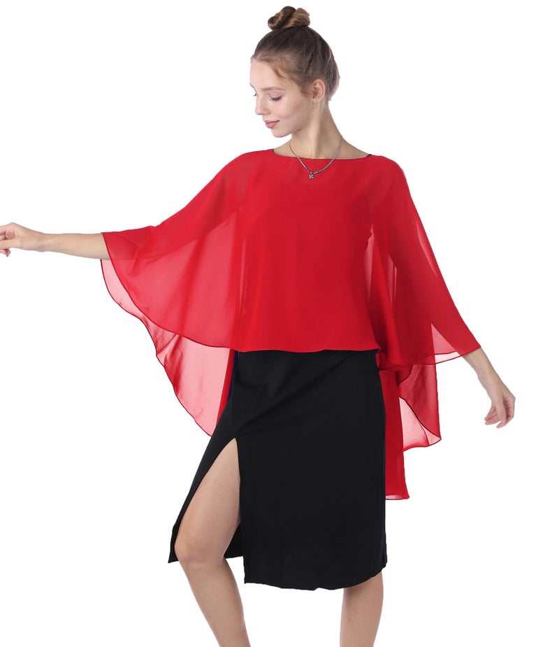 Baoqiya Chiffon Capes Sheer Capelets Bridal Shawls And Wraps Cape Long Plus Size Poncho Cape For Women (Red) - Image 1
